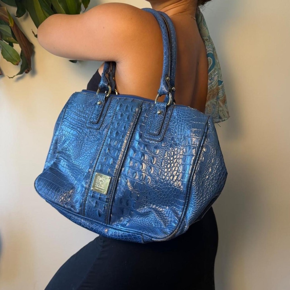 Anne Klein Blue Teal Crocodile Embossed Shoulder Bag Gold Hardware Y2K Large